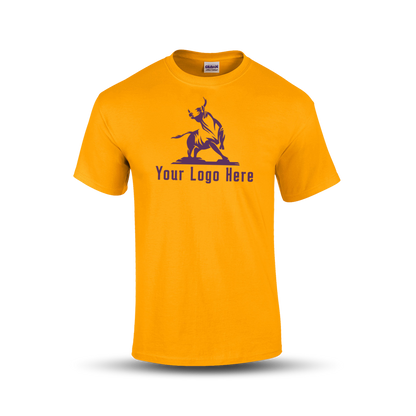 Gold short-sleeve t-shirt with a bold martial arts figure logo and customizable "Your Logo Here" text on the front.