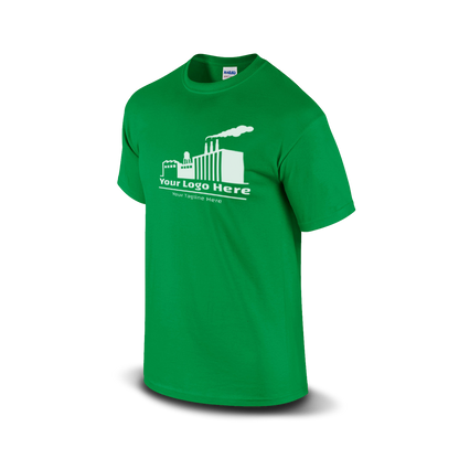 Irish green short-sleeve t-shirt with a bold martial arts figure logo and customizable "Your Logo Here" text on the front.
