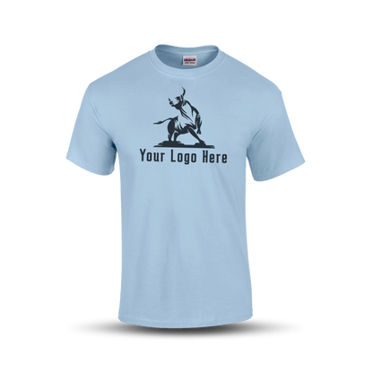 Light blue short-sleeve t-shirt with a bold martial arts figure logo and customizable "Your Logo Here" text on the front.