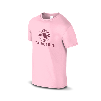 Light pink short-sleeve t-shirt with a bold martial arts figure logo and customizable "Your Logo Here" text on the front.