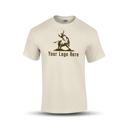 Beige short-sleeve t-shirt with a bold martial arts figure logo and customizable "Your Logo Here" text on the front.