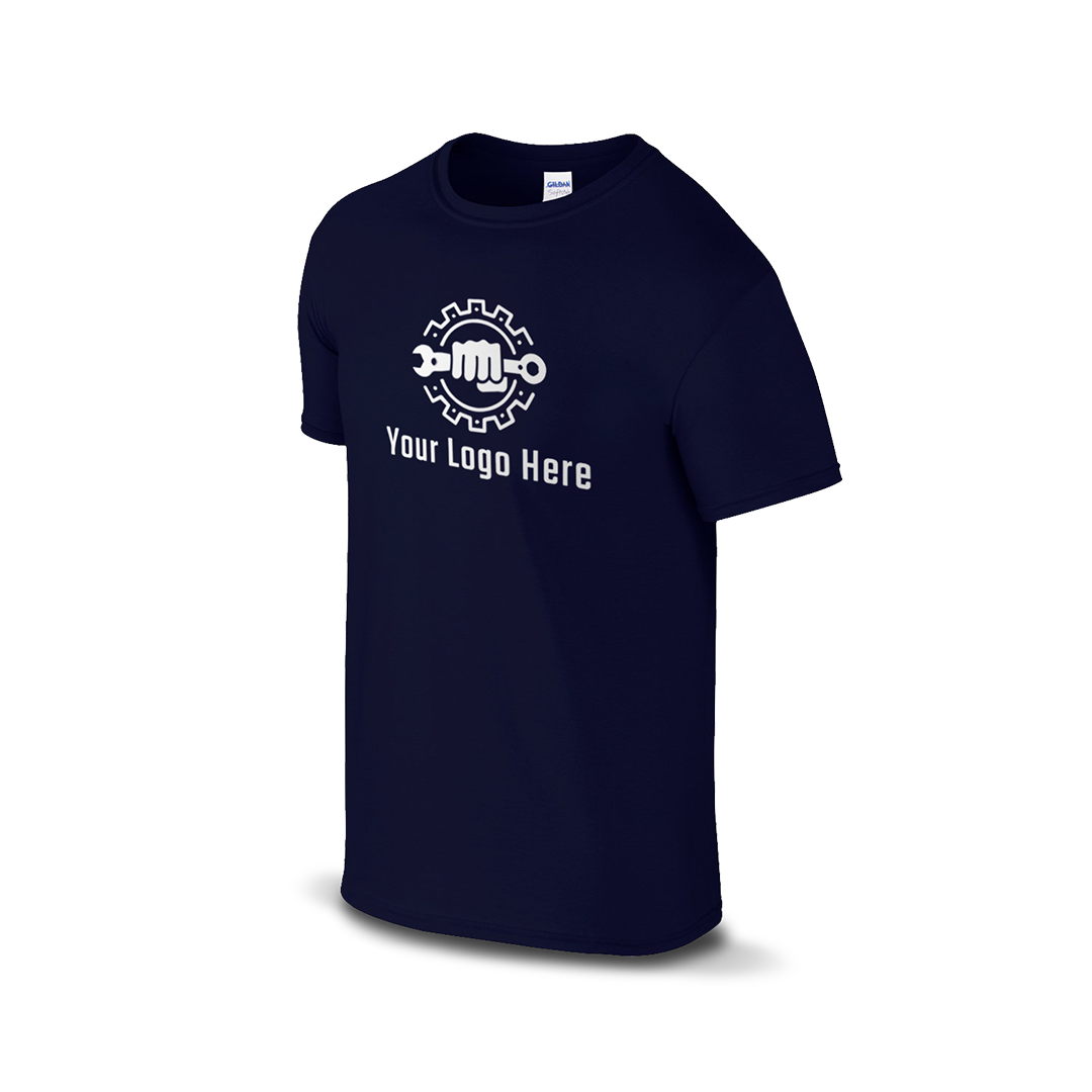 Navy short-sleeve t-shirt with a bold martial arts figure logo and customizable "Your Logo Here" text on the front.