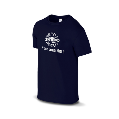 Navy short-sleeve t-shirt with a bold martial arts figure logo and customizable "Your Logo Here" text on the front.