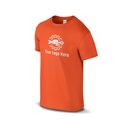 Orange short-sleeve t-shirt with a bold martial arts figure logo and customizable "Your Logo Here" text on the front.