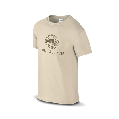 Sand short-sleeve t-shirt with a bold martial arts figure logo and customizable "Your Logo Here" text on the front.