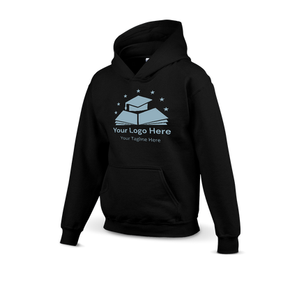 Black hoodie with a custom logo design featuring a graduation cap on books and stars above, including placeholder text for logo and tagline.