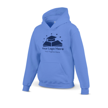 Caroline blue hoodie with a custom logo design featuring a graduation cap on books and stars above, including placeholder text for logo and tagline.