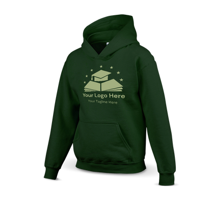 Forest green hoodie with a custom logo design featuring a graduation cap on books and stars above, including placeholder text for logo and tagline.