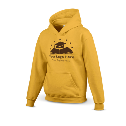 Gold hoodie with a custom logo design featuring a graduation cap on books and stars above, including placeholder text for logo and tagline.