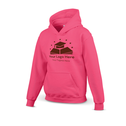 Heliconia hoodie with a custom logo design featuring a graduation cap on books and stars above, including placeholder text for logo and tagline.