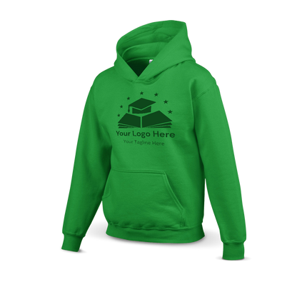 Irish green hoodie with a custom logo design featuring a graduation cap on books and stars above, including placeholder text for logo and tagline.