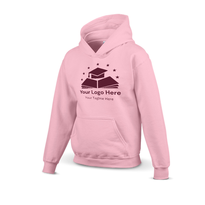 Light pink hoodie with a custom logo design featuring a graduation cap on books and stars above, including placeholder text for logo and tagline.