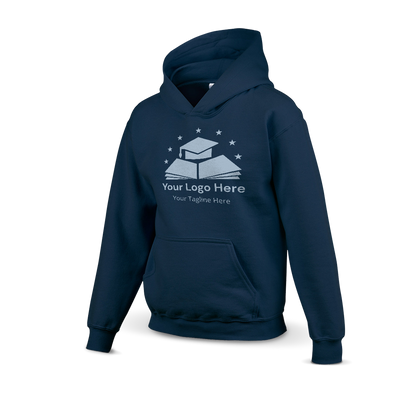 Navy hoodie with a custom logo design featuring a graduation cap on books and stars above, including placeholder text for logo and tagline.