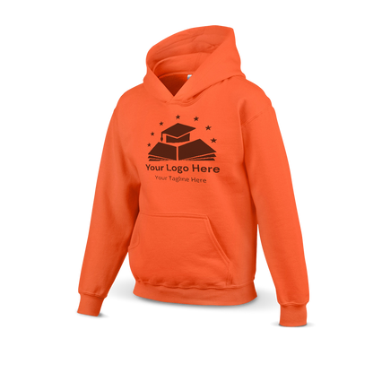 Orange hoodie with a custom logo design featuring a graduation cap on books and stars above, including placeholder text for logo and tagline.