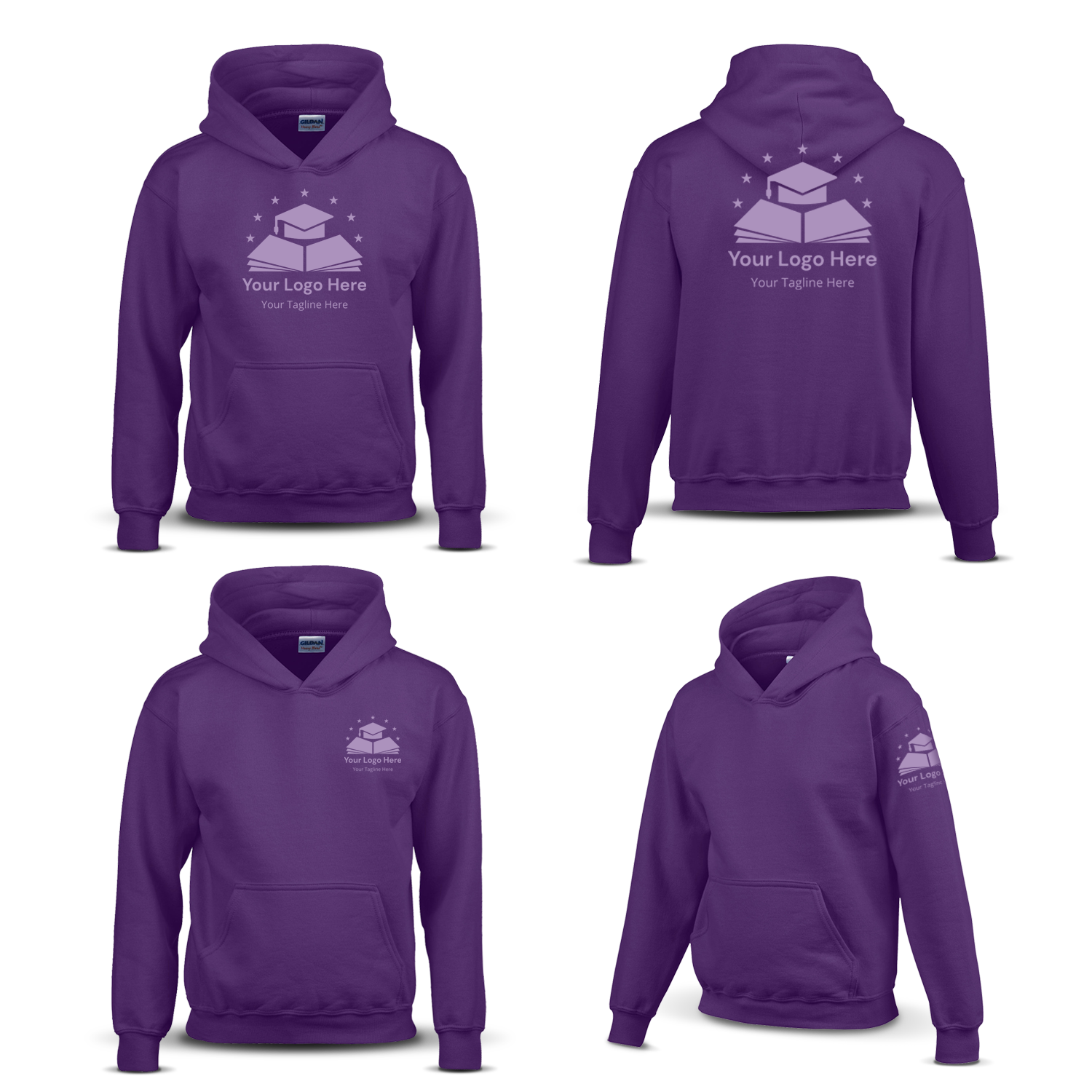 Purple hoodie shown from four angles with a graduation cap and book logo, plus placeholder text for custom branding on the chest, back, and sleeve.