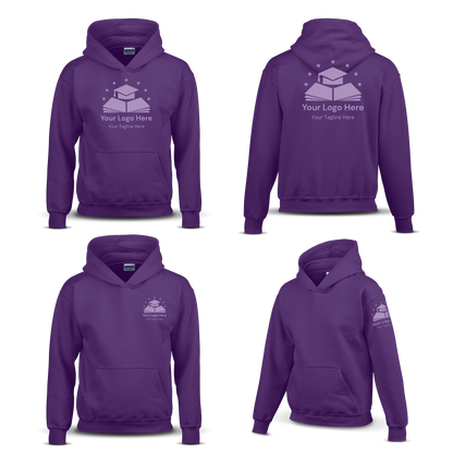 Purple hoodie shown from four angles with a graduation cap and book logo, plus placeholder text for custom branding on the chest, back, and sleeve.