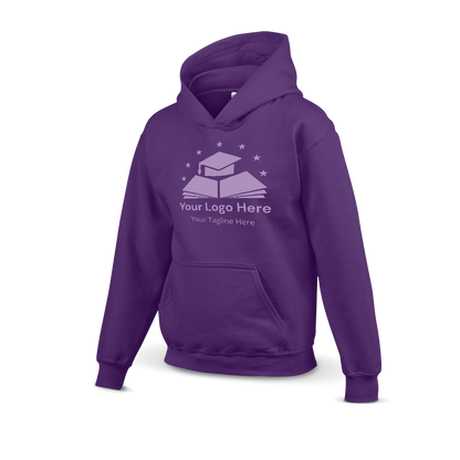 Purple hoodie with a custom logo design featuring a graduation cap on books and stars above, including placeholder text for logo and tagline.