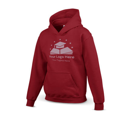 Cardinal red hoodie with a custom logo design featuring a graduation cap on books and stars above, including placeholder text for logo and tagline.