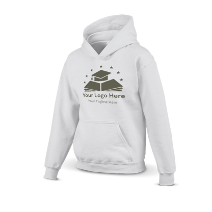 White hoodie with a custom logo design featuring a graduation cap on books and stars above, including placeholder text for logo and tagline.