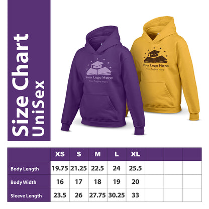 Unisex hoodie size chart with purple and yellow hoodies featuring a book and graduation cap logo. Sizes range from XS to XL with detailed body and sleeve measurements.