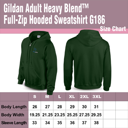 Gildan G186 Adult Heavy Blend full-zip hooded sweatshirt in forest green with custom left chest logo, displayed with front and back views
