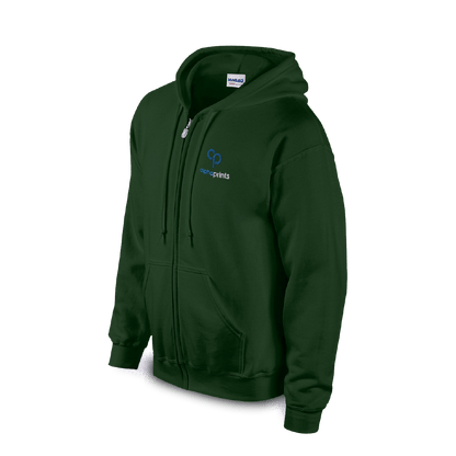 Gildan G186 Adult Heavy Blend full-zip hooded sweatshirt in forest green with AlphaPrints logo on left chest