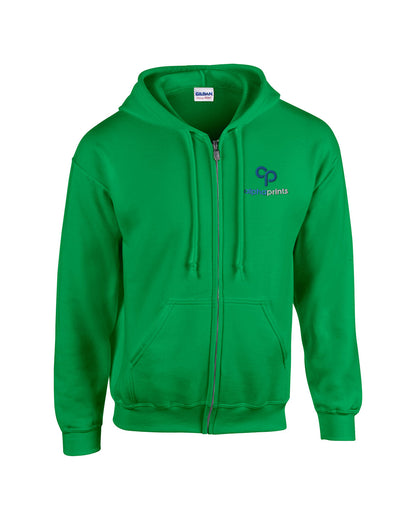 Gildan G186 Adult Heavy Blend full-zip hooded sweatshirt in Irish Green with custom logo on left chest