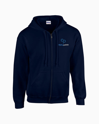 Gildan G186 Adult Heavy Blend full-zip hooded sweatshirt in navy with custom logo on left chest