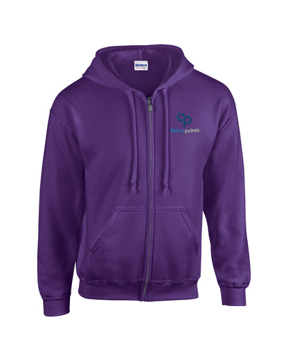 Gildan G186 Adult Heavy Blend full-zip hooded sweatshirt in purple with custom logo on left chest