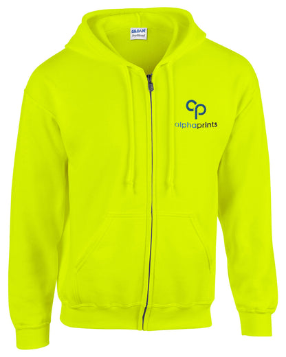 Gildan G186 Adult Heavy Blend full-zip hooded sweatshirt in Safety Green with custom logo on left chest