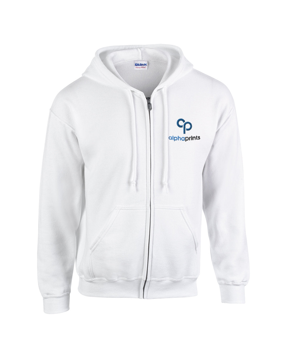 Gildan G186 Adult Heavy Blend full-zip hooded sweatshirt in white with custom logo on left chest