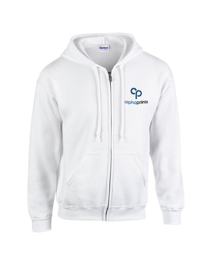 Gildan G186 Adult Heavy Blend full-zip hooded sweatshirt in white with custom logo on left chest