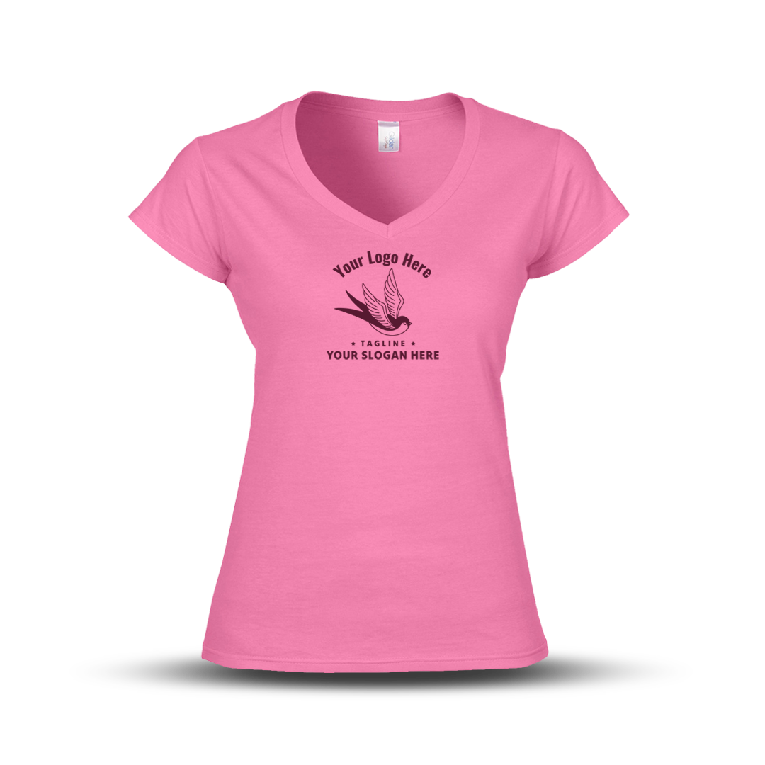 Pink V-neck women's T-shirt with a black swallow logo and customizable slogan text.