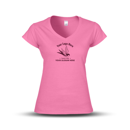 Pink V-neck women's T-shirt with a black swallow logo and customizable slogan text.