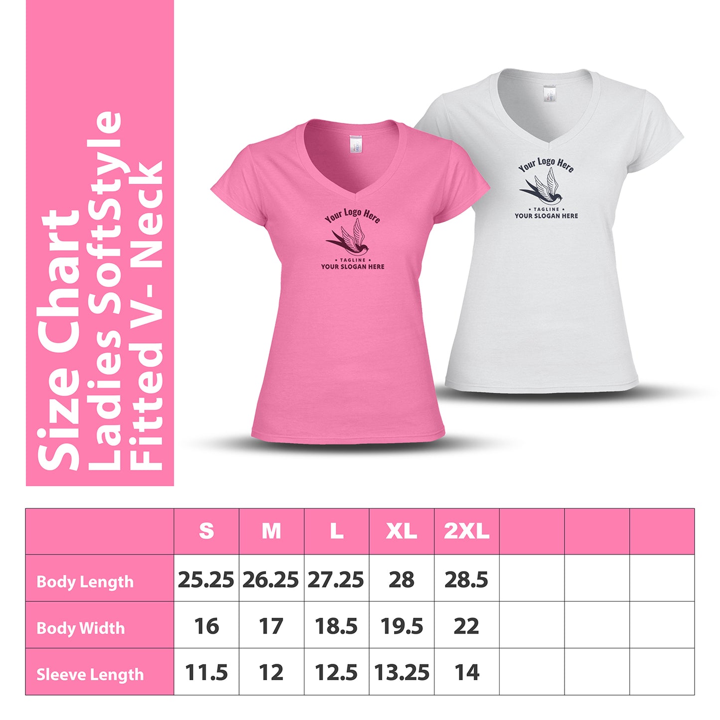 Two fitted V-neck women's t-shirts displayed with custom logo placement on the front—one in pink and one in white—alongside a detailed size chart for sizes S to 2XL showing body length, width, and sleeve length.