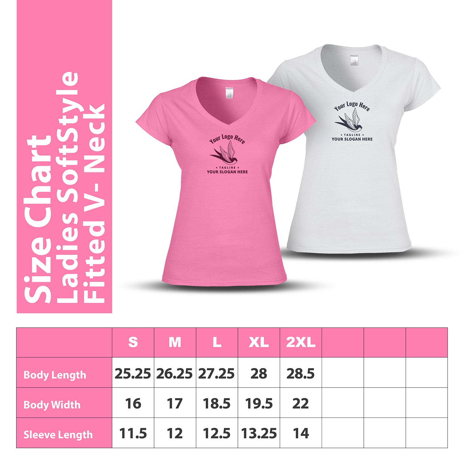 Two fitted V-neck women's t-shirts displayed with custom logo placement on the front—one in pink and one in white—alongside a detailed size chart for sizes S to 2XL showing body length, width, and sleeve length.