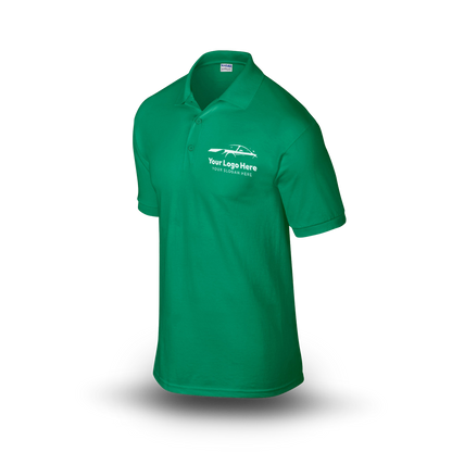 Kelly green short-sleeve polo shirt with  car-themed logo on the left chest.