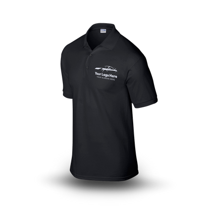 Black short-sleeve polo shirt with black car-themed logo on the left chest.