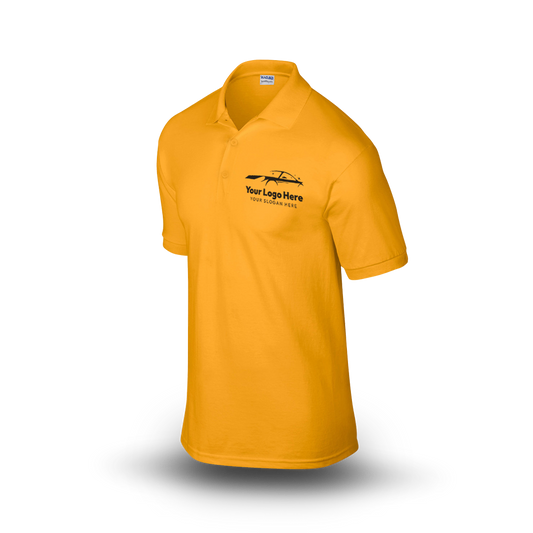 Yellow short-sleeve polo shirt with black car-themed logo on the left chest.
