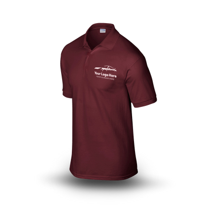 Maroon short-sleeve polo shirt with  car-themed logo on the left chest.