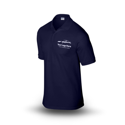 Navy short-sleeve polo shirt with  car-themed logo on the left chest.