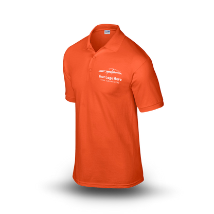 Orange short-sleeve polo shirt with  car-themed logo on the left chest.