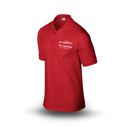 Red short-sleeve polo shirt with  car-themed logo on the left chest.