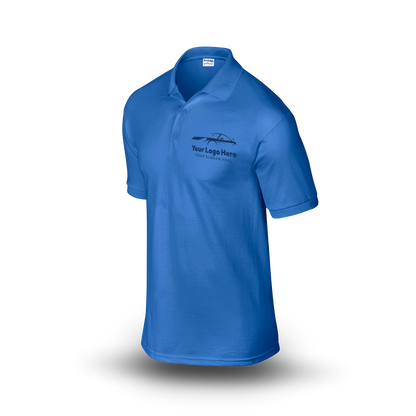 Royal blue short-sleeve polo shirt with  car-themed logo on the left chest.