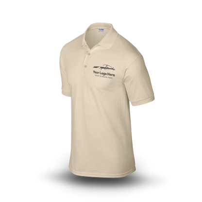 Sand short-sleeve polo shirt with  car-themed logo on the left chest.