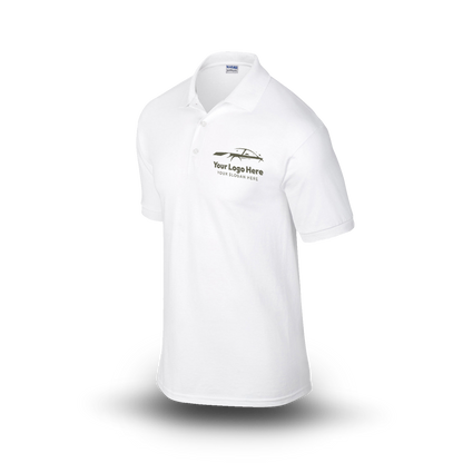 White short-sleeve polo shirt with  car-themed logo on the left chest.