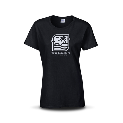 Black women’s T-shirt with custom beach-themed logo and text on the front.