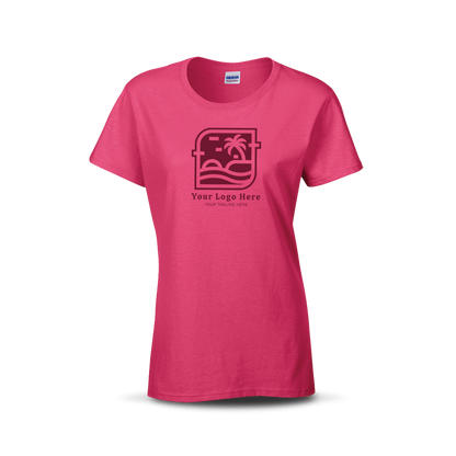 Heliconia women’s T-shirt with custom beach-themed logo and text on the front.