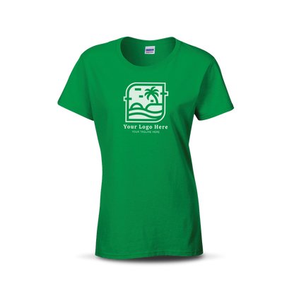 Irish green women’s T-shirt with custom beach-themed logo and text on the front.
