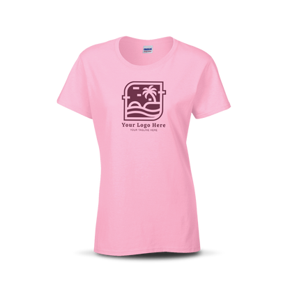 Light pink women’s T-shirt with custom beach-themed logo and text on the front.